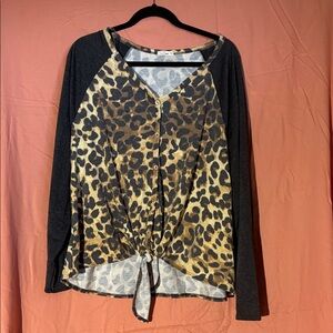 Leopard Print V-Neck Women's Top with Black Sleeves